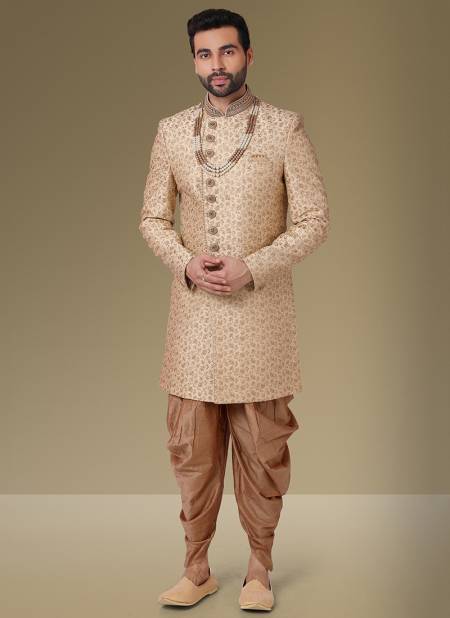 Beige Colour Heavy Wedding Wear Jacquard Banarasi Latest Indo Western Mens Collection 1104